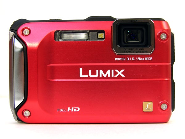 Red Panasonic Lumix DMC-FT3 camera on white background.