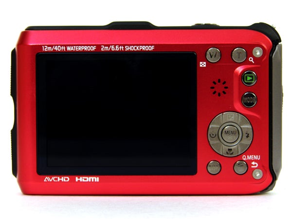 Red Panasonic Lumix DMC-FT3 camera rear view.