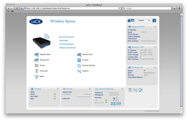 Screenshot of LaCie Wireless Space dashboard interface.