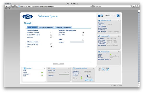 Lacie Wireless Space firewall settings interface screenshot.