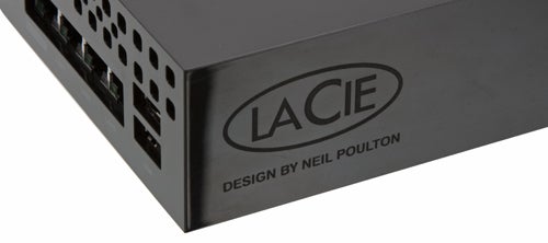 Close-up of LaCie Wireless Space external hard drive corner.