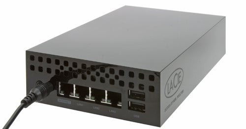Lacie Wireless Space network storage device connected to Ethernet cable.