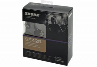 Shure SE425 earphones packaging box on white background.