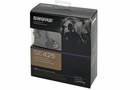 Shure SE425 earphones packaging box on white background.