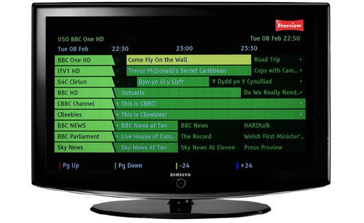 TVonics DTR-Z500HD displaying Freeview HD channel list.
