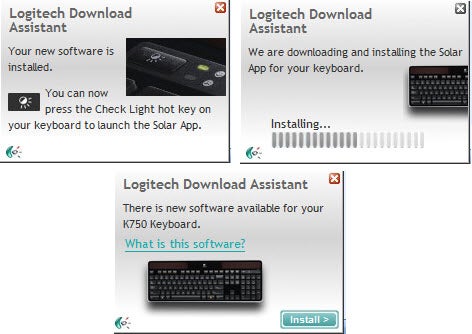 Screenshots of Logitech Solar App installation for K750 keyboard.