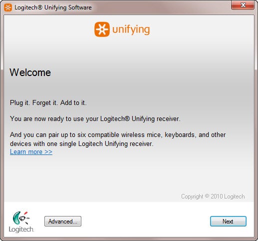 Screenshot of Logitech Unifying Software installation welcome screen.
