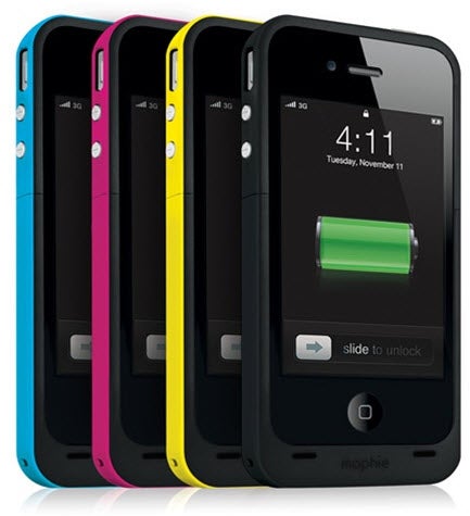 Mophie Juice Pack Plus cases for iPhone 4 in various colors.