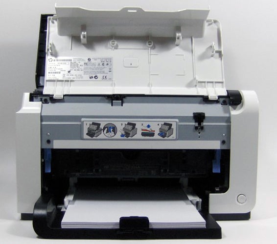 HP LaserJet Pro CP1025 color printer with open tray.