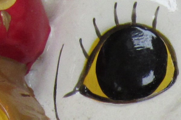 Close-up of a toy's eye showing detailed texture.