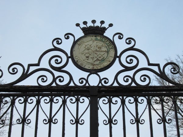 Ornate gate with clock captured in daylight.