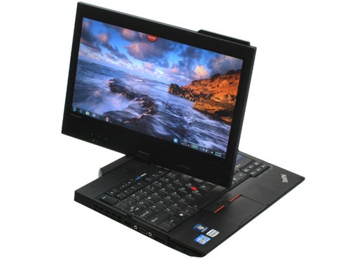 Lenovo ThinkPad X220 Tablet with screen rotated into tablet mode.