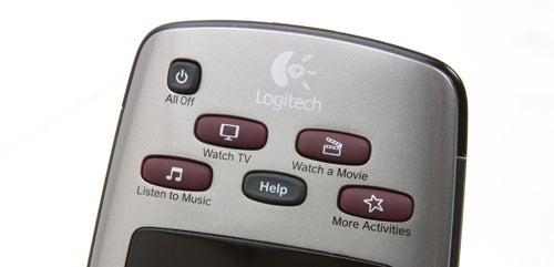 Close-up of Logitech Harmony 650 remote control buttons.
