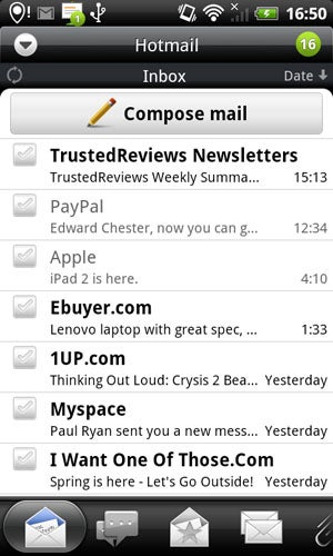 HTC Desire S displaying an email inbox interface.