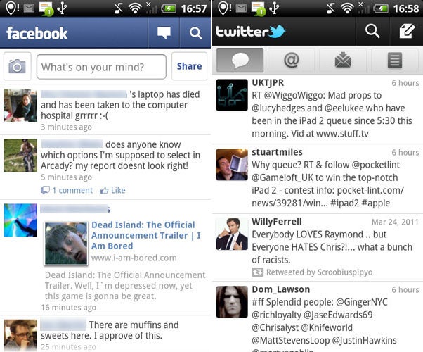 HTC Desire S running Facebook and Twitter apps side by side.