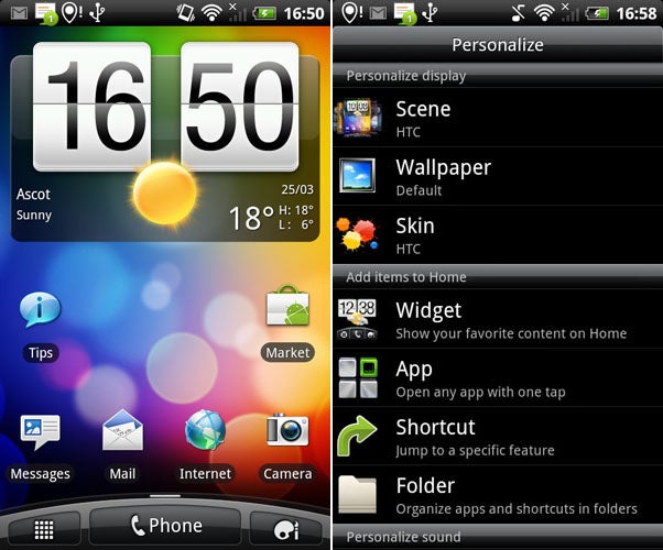 HTC Desire S smartphone interface showcasing features and apps.