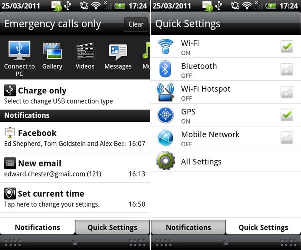 HTC Desire S smartphone notification and settings screens.