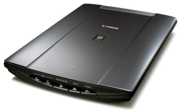 Canon CanoScan LiDE 210 flatbed scanner on white background.