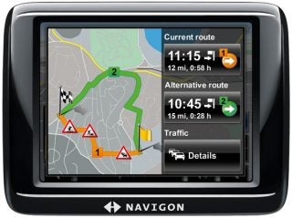 Navigon 20 Plus GPS device displaying a route map.