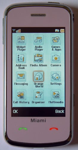 Orange Miami phone displaying the main menu screen.