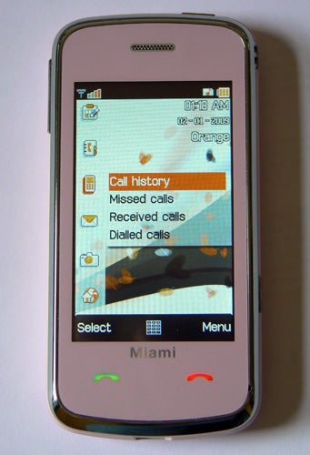 Orange Miami phone displaying call history on screen.
