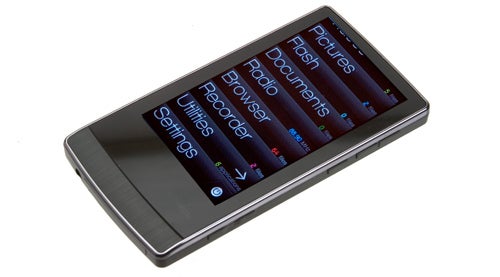 Cowon J3 portable media player displaying menu on screen.