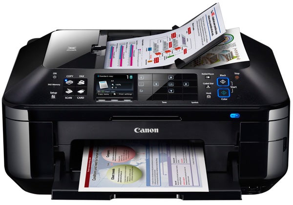 Canon PIXMA MX885 printer with output tray and color display.