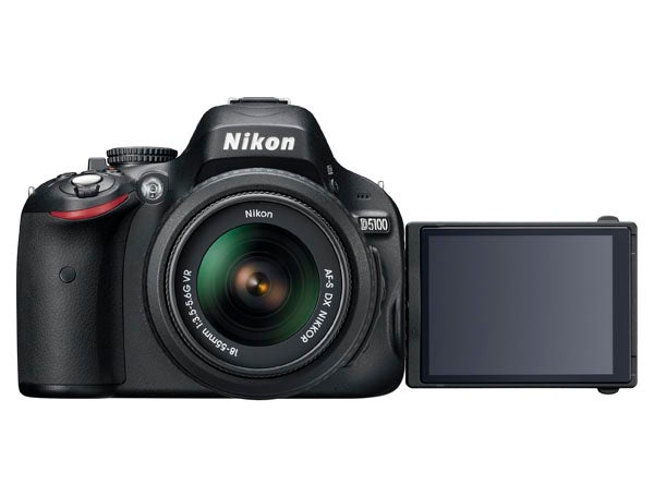 Nikon D5100 camera with articulated LCD screen.