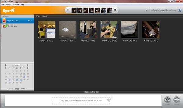 Screenshot of Eye-Fi Center software interface with photo thumbnails.