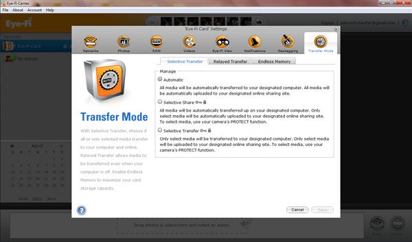 Eye-Fi Pro X2 card settings interface on a computer screen.