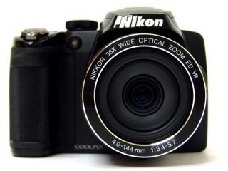 Nikon Coolpix P500 camera frontal view on white background.