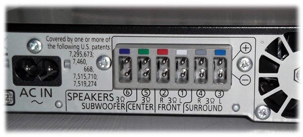 Close-up of Panasonic SC-BTT270 speaker terminal connections.