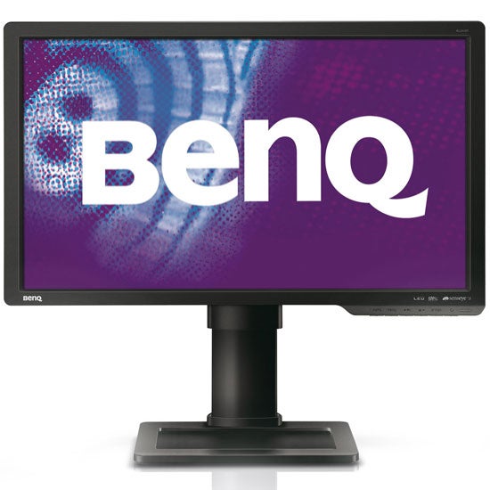 BenQ XL2410T monitor on a stand displaying logo.