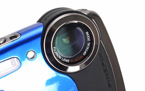 Close-up of Fujifilm FinePix XP30 camera lens and body.