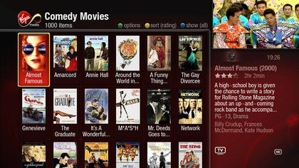 Virgin Media TiVo interface displaying comedy movies selection.