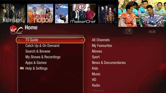 Virgin Media TiVo interface showing TV guide and program options.