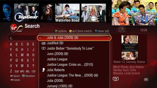 Virgin Media TiVo interface displaying TV shows and search feature.