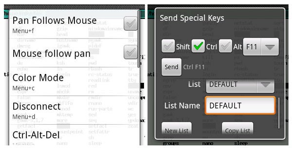 Screenshot of Android VNC Viewer app interface showing options.