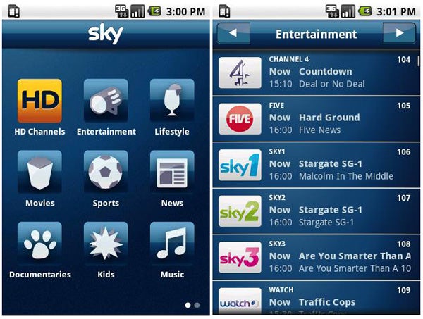 Screenshot of Sky+ Android App interface showing channel options.
