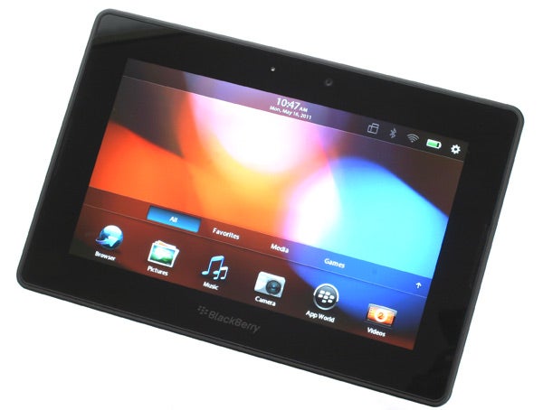 BlackBerry PlayBook tablet displaying home screen icons.