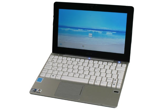 Asus Eee PC 1018P netbook open on desk.