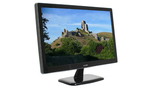 Hazro HZ27WC monitor displaying a castle landscape image.