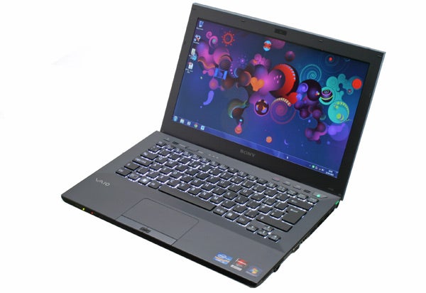 Sony VAIO S series laptop with colorful screen wallpaper.