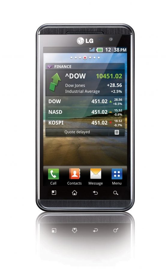 LG Optimus 3D smartphone displaying finance app.