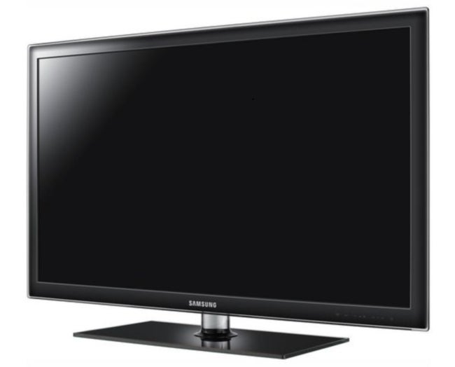 Samsung UE40D5520 LED TV on a stand with blank screen.