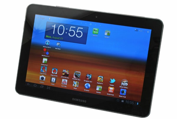 Samsung Galaxy Tab 10.1 on display with icons on screen.