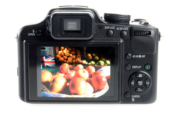 Panasonic Lumix FZ48 camera displaying a fruit basket photo.