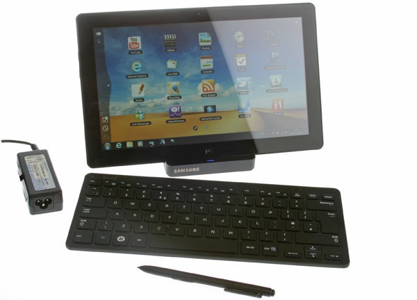 Samsung Series 7 Slate with keyboard, stylus, and charger.