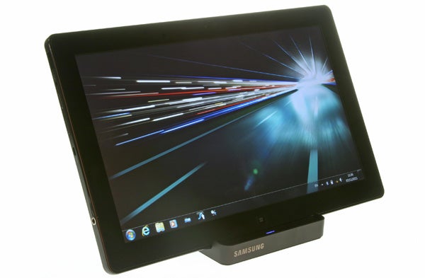 Samsung Series 7 Slate 700T on docking station with screen on.
