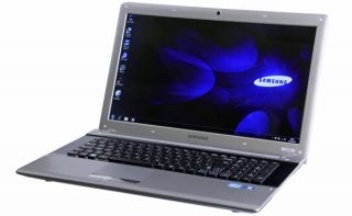 Samsung RV720 laptop on display with screen turned on.